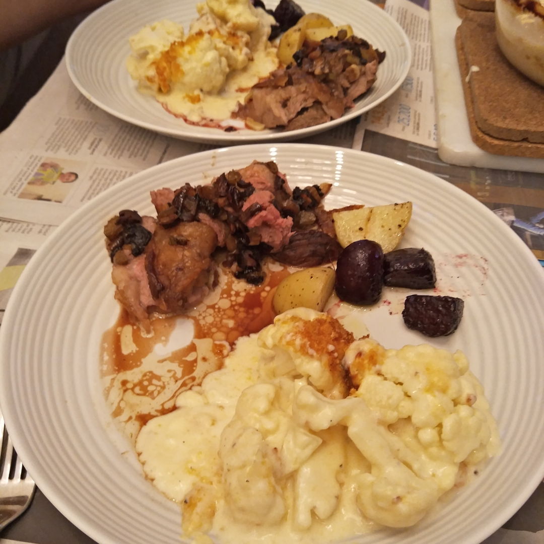 roast leg of lamb with gravy, cauliflower cheese, balsamic roasted beetroot and new potatoes - a good old fashioned British Sunday roast