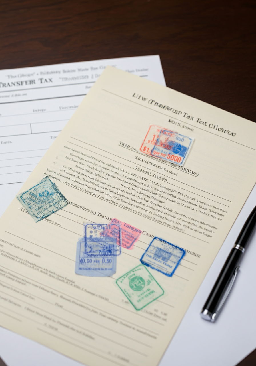 A detailed view of a Chicago property deed with transfer tax stamps affixed, showing the breakdown of city ($1.50 per $500) and state ($0.50 per $500) transfer taxes. A transfer tax calculation worksheet is visible beside it on a closing table.