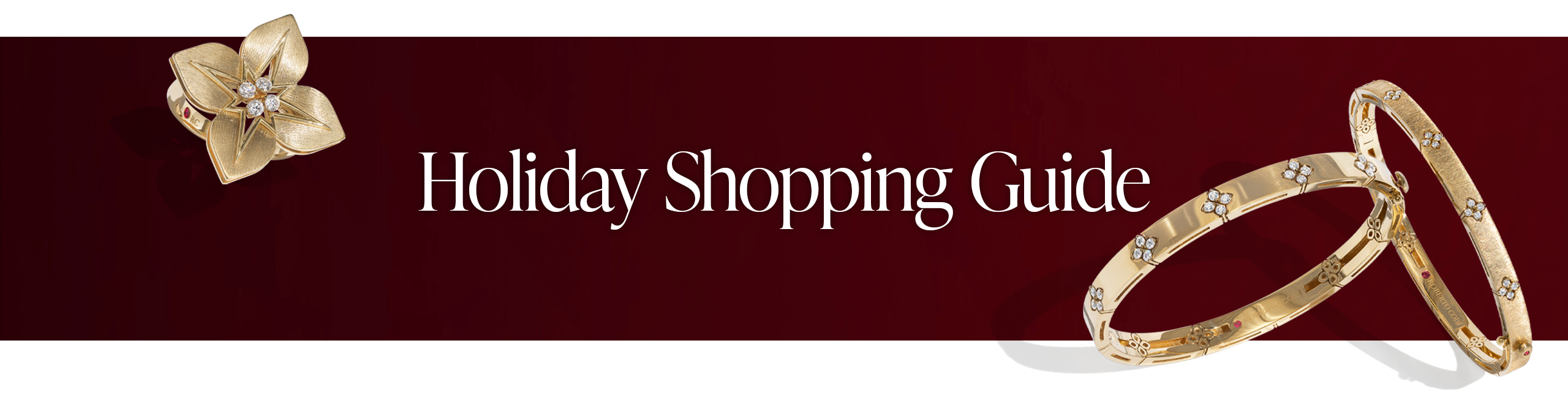 Holiday Shopping banner featuring gold jewelry pieces by Roberto Coin.