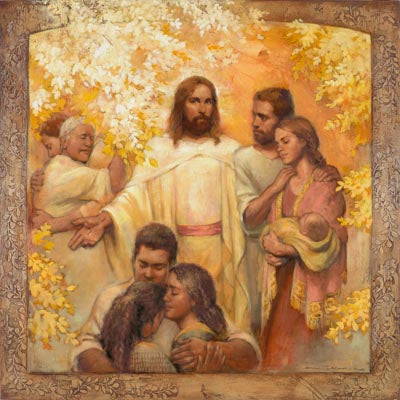 Jesus standing in the center of families being reunited after death. 