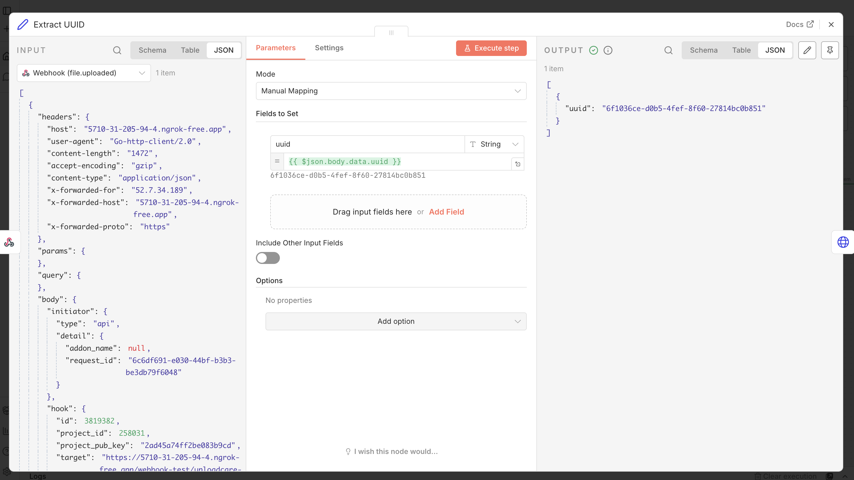 n8n Set node extracting the file UUID from the webhook payload
