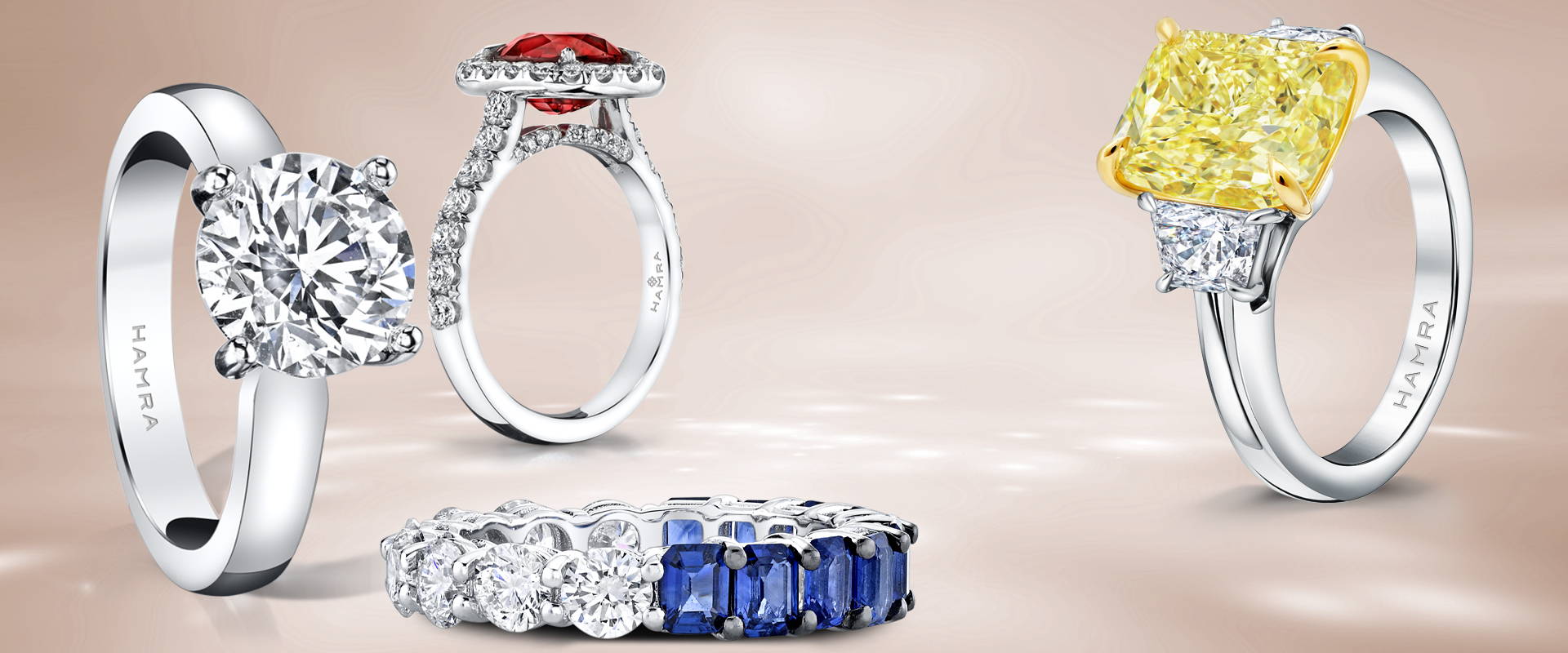 Rings by Hamra Jewelers with diamonds, rubies and sapphires.