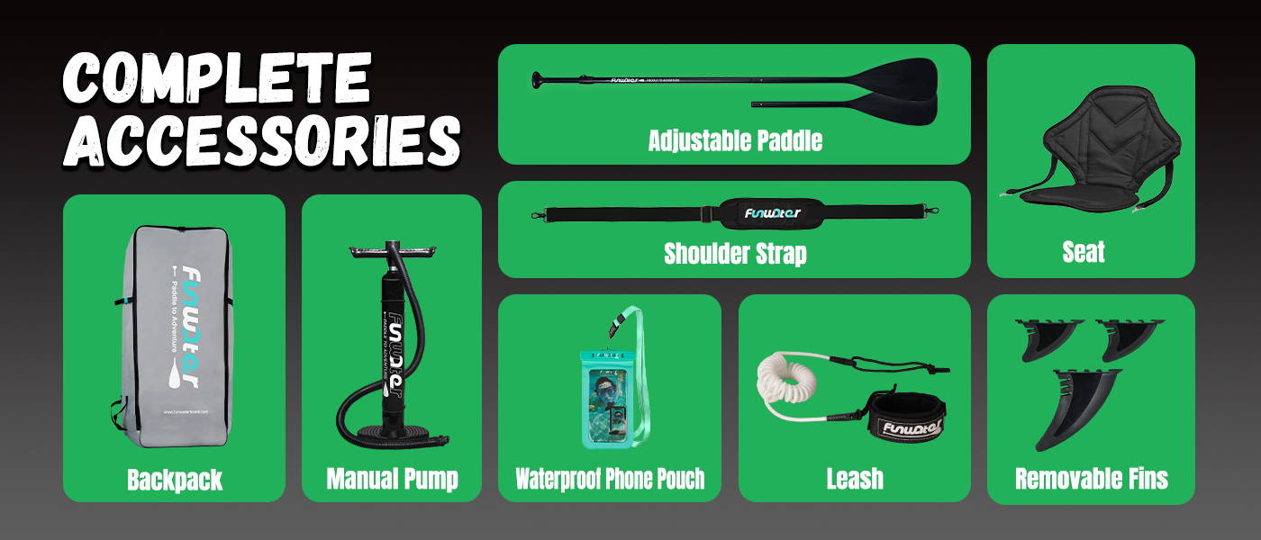 Blow up paddle board comes with complete accessories: adjustable paddle, seat, backpack, manual pump, shoulder strap, waterproof phone pouch, leash, fins