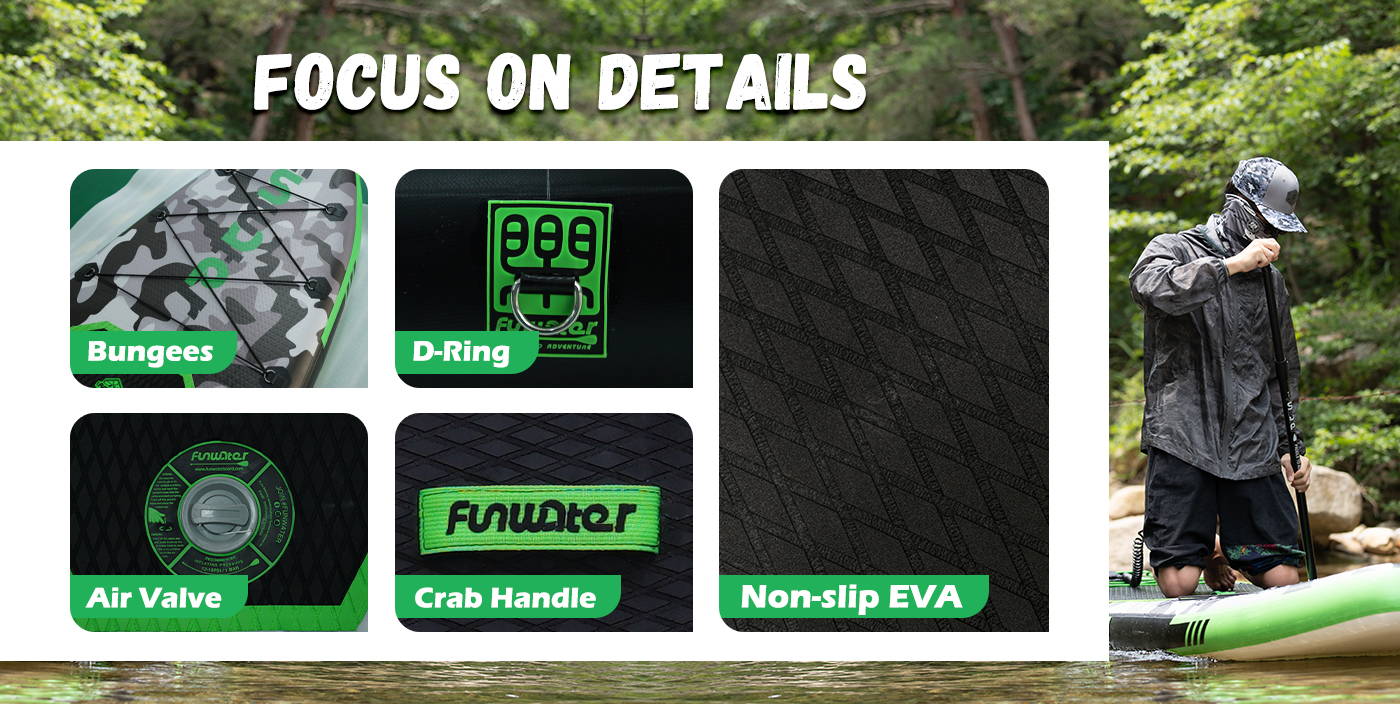 Funwater stand up paddle board focus on board details: bungees, D-Ring, Air valve, crab handle, non-slip EVA