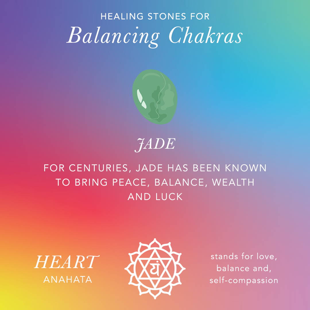 Healing Stones for Balancing Chakras: Jade: For centuries, jade has been known to bring peace, balance, wealth, and luck. Heart, anhata, stands for love, balance, and self-compassion.