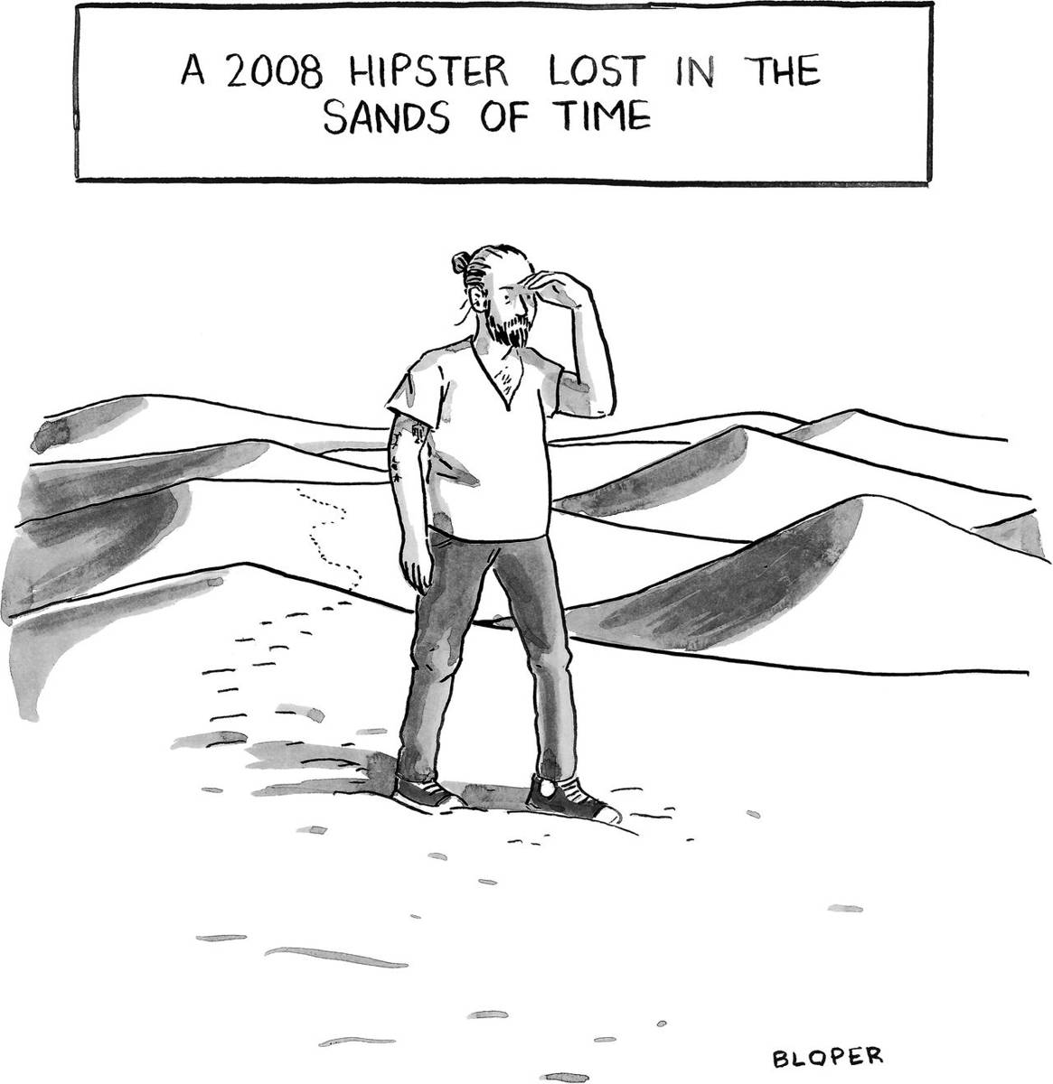 Hipster walking through desert.