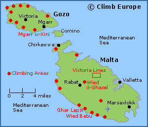 Map of the rock climbing areas of Malta and Gozo