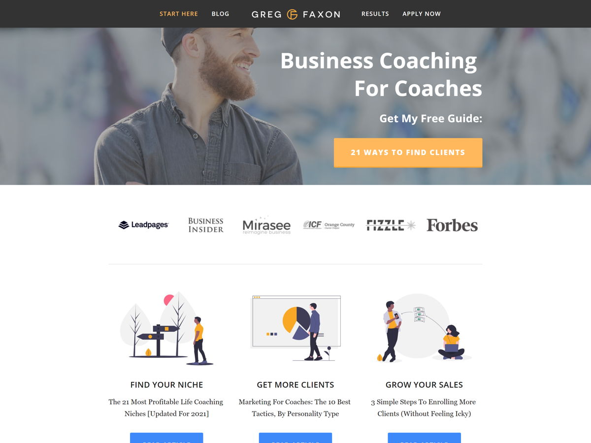 Screenshot of Greg Faxon, from the squarespace coaching websites collection.