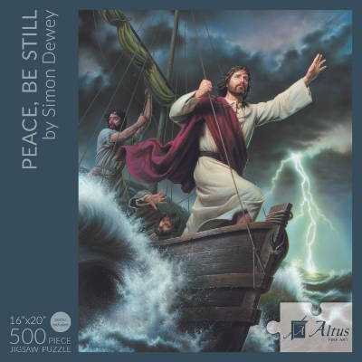 Box cover of a 500 piece puzzle featuring a painting of Jesus calming the storm.
