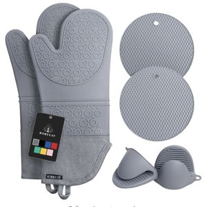 Rorecay Extra Long Oven Mitts and Pot Holders Sets: Heat Resistant Silicone Oven Mittens with Mini Oven Gloves and Hot Pads Potholders for Kitchen Baking Cooking, Quilted Liner, Gray, Pack of 6