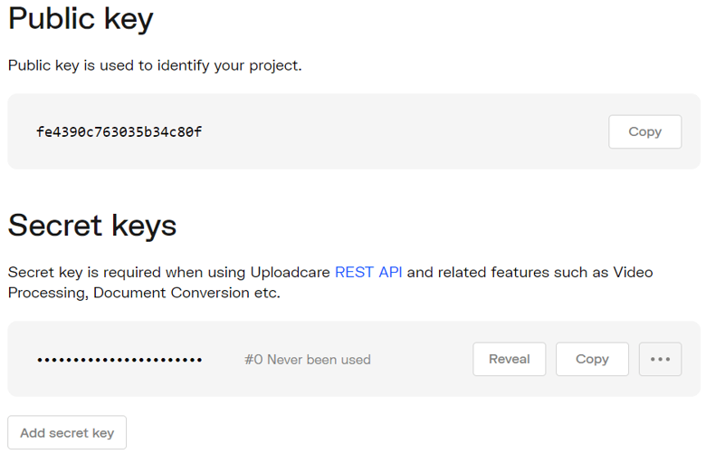Uploadcare API keys screen