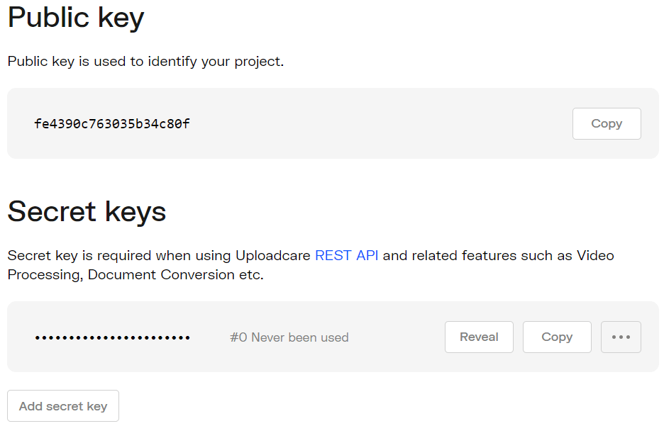 Uploadcare API Keys Screen