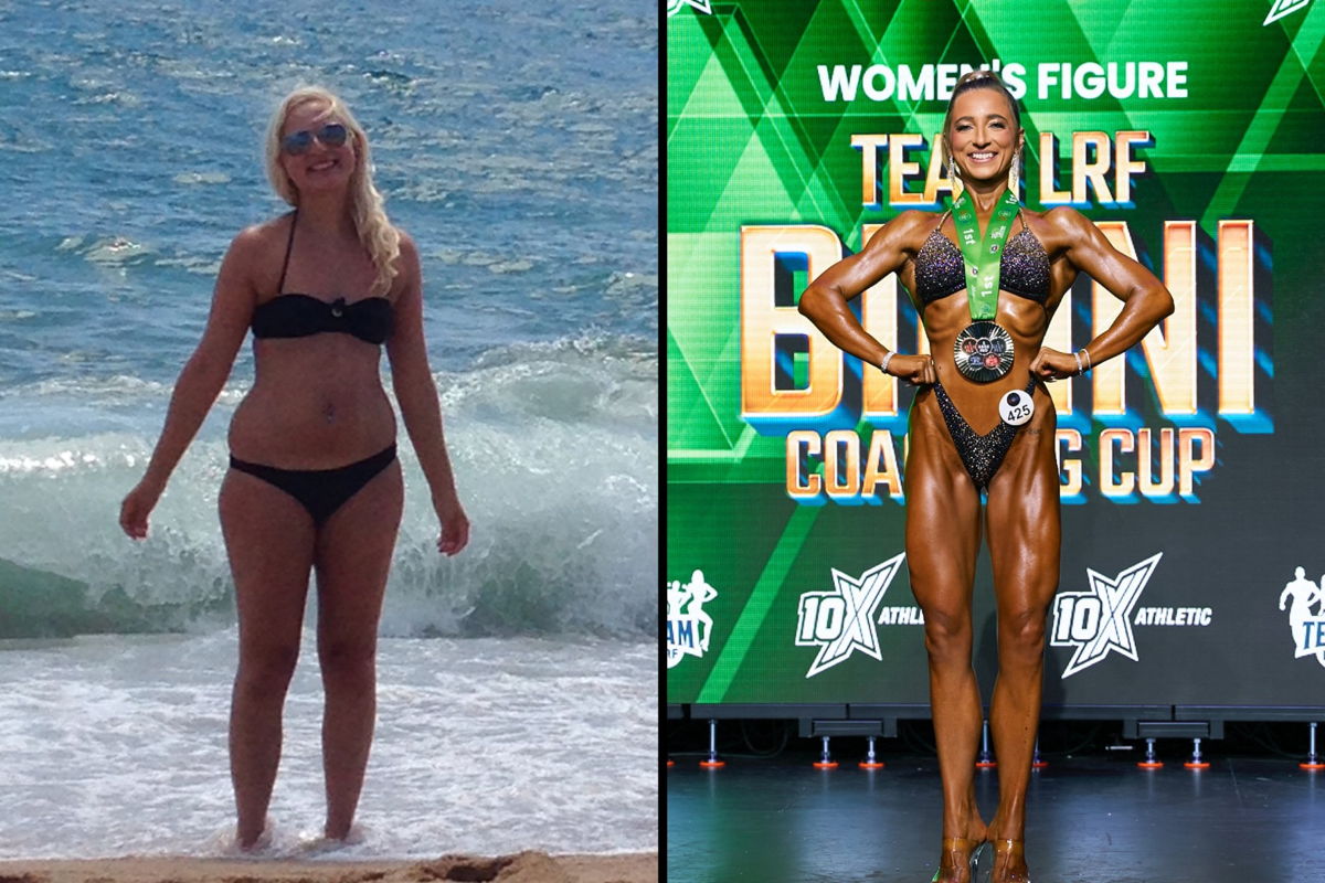 Fitness Body Transformation durch regelmäßiges Kraft- und Ausdauertraining: Frau vorher nachher als Bodybuilderin