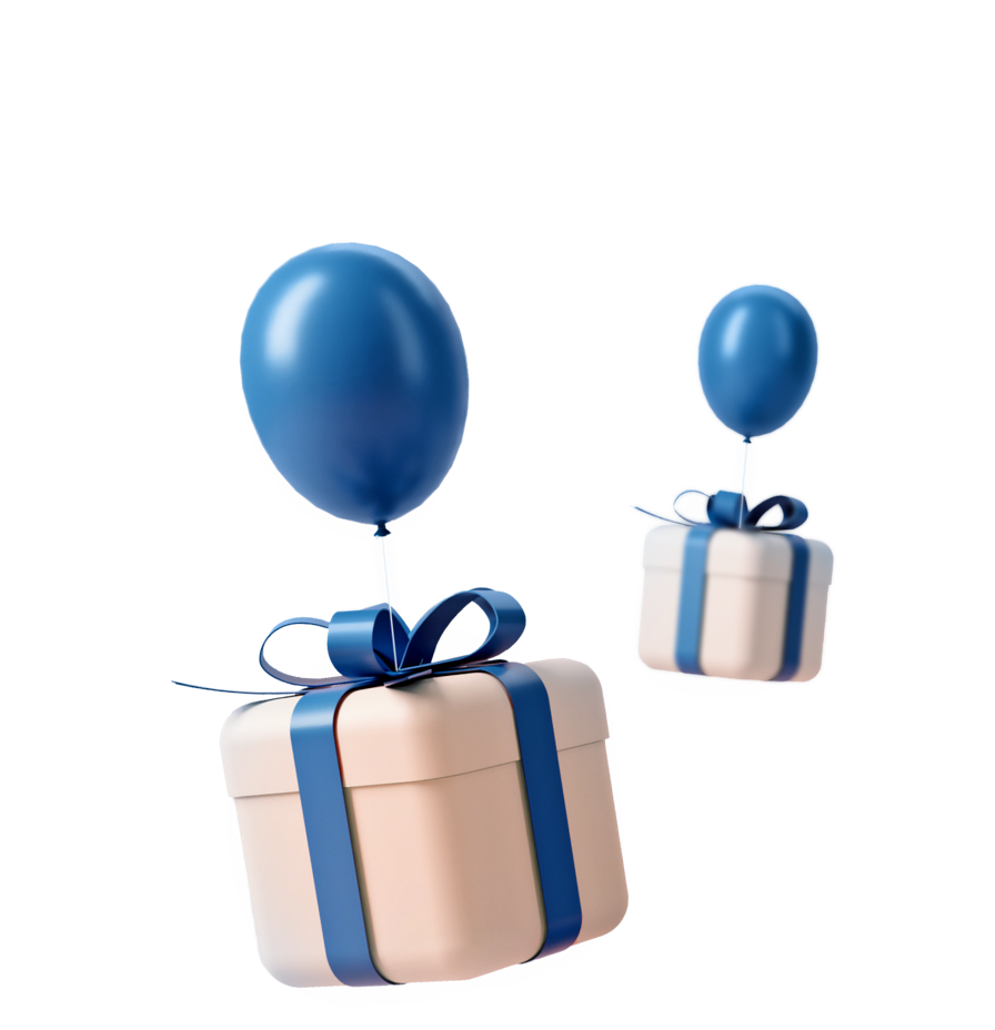Gift boxes floating with balloons
