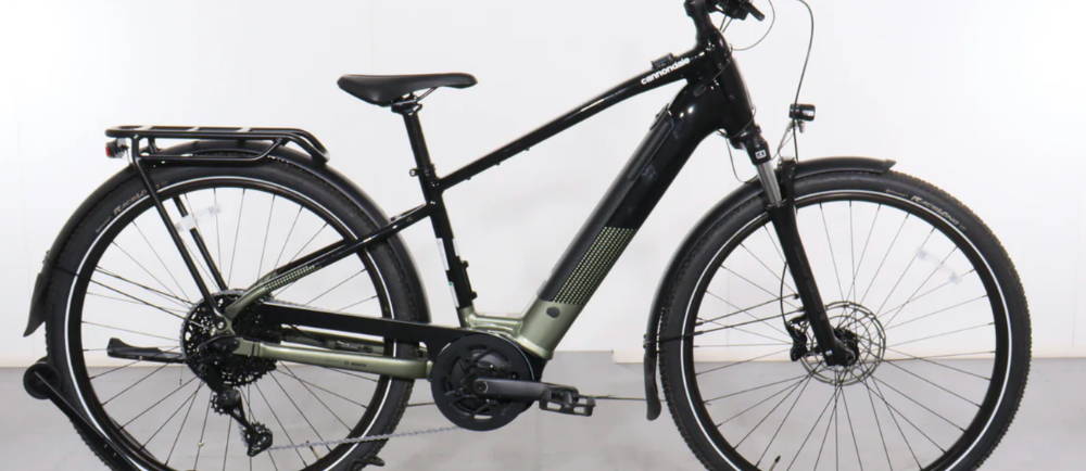 A black Cannondale Tesoro Neo X 2 electric city bike