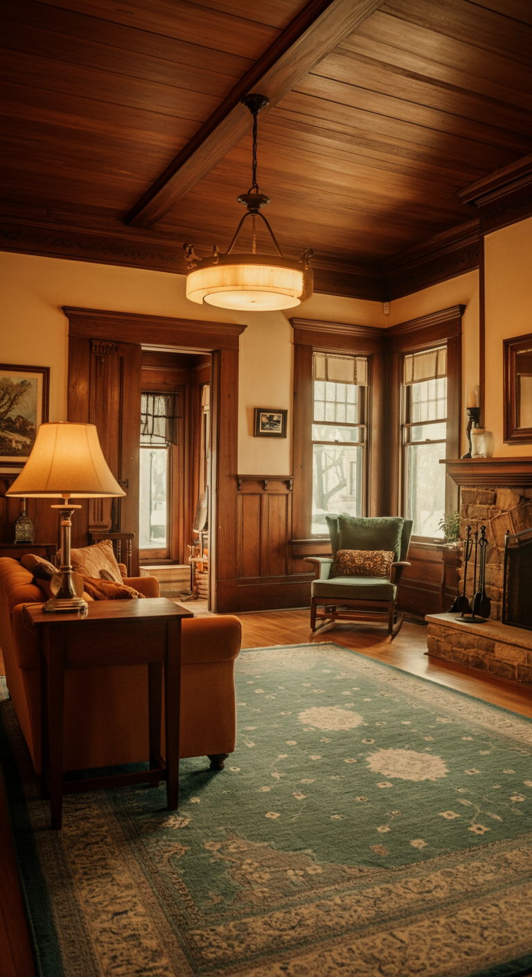 A photographic style image of An elegant craftsman-style home's interior living room, featuring original woodwork, a stone fireplace, and large windows flooding the space with natural light. The room exemplifies the architectural character found throughout Lafayette's historic districts. high focus, sharp, lots of bright light, extra bright, highly detailed, high quality, dslr, film grain, fujifilm XT3, RAW photo, RAW candid cinema, color graded porta 400, depth of field, hyper realistic, natural-looking, expressive, textured skin, texture, 8k, photorealistic