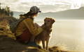 Dog and its person sitting and enjoying the view from the top of a mountain trail