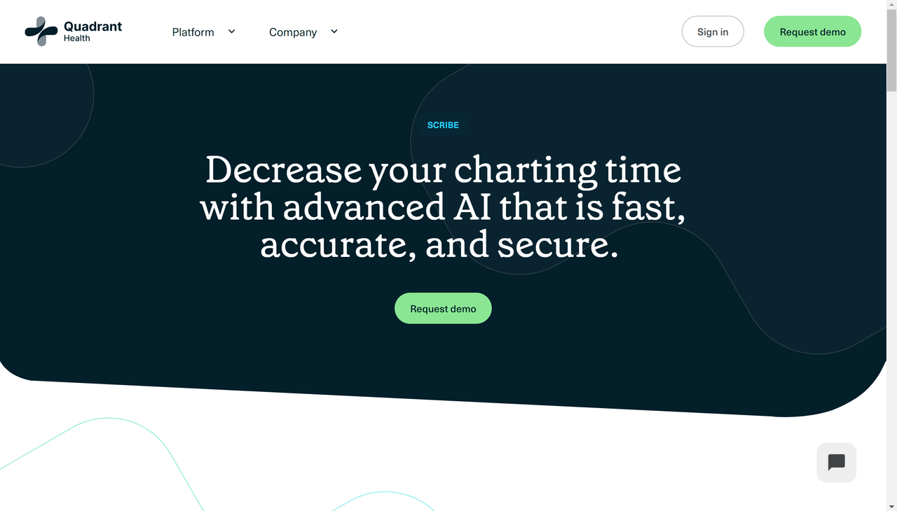Screenshot of Quadrant Health's website landing page, an AI scribe