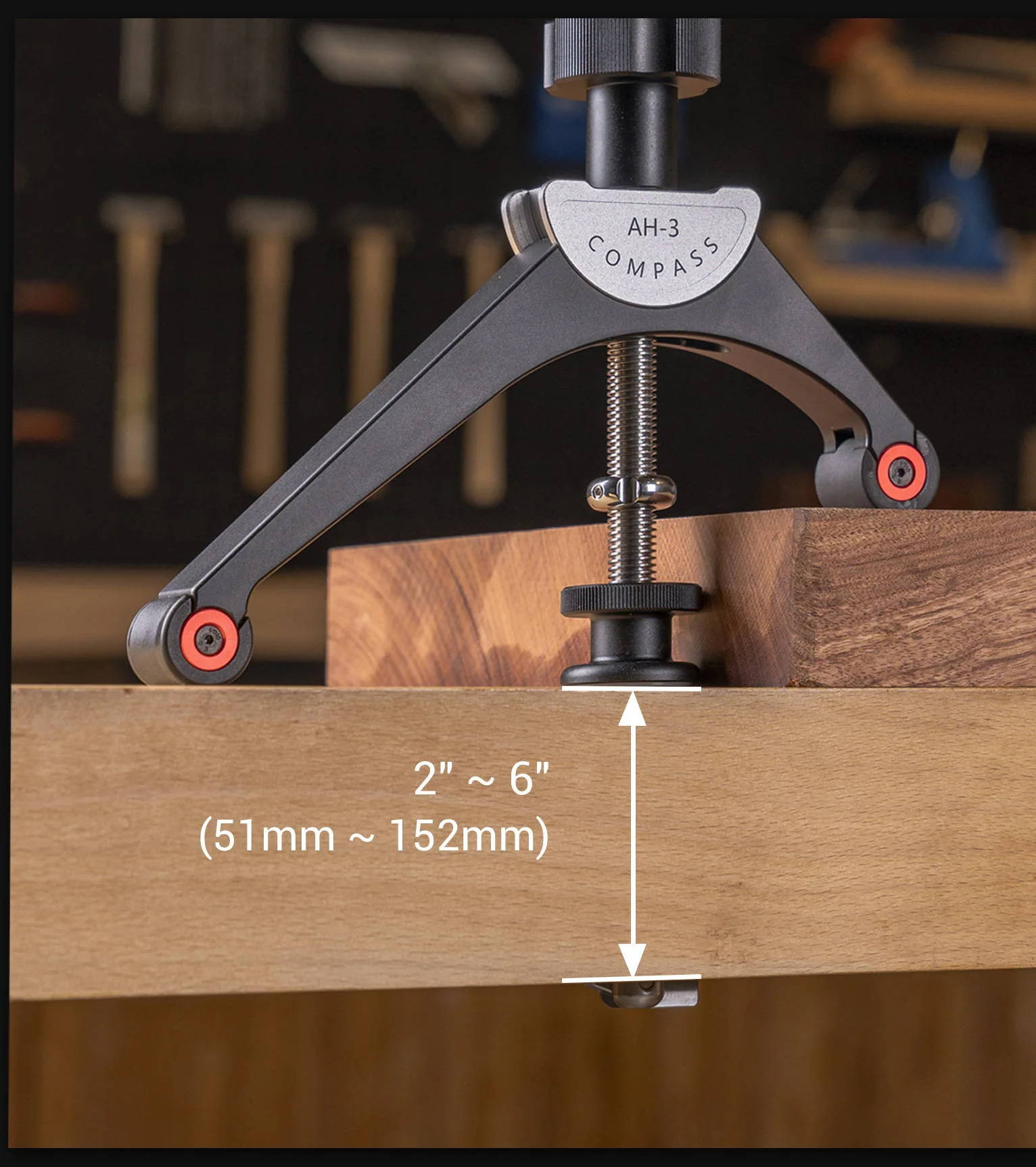 The harvey Compass AH-3 Arch Hold Down can be installed on any workbench with bench top thickness from 2" up to 6" (51mm – 152mm)