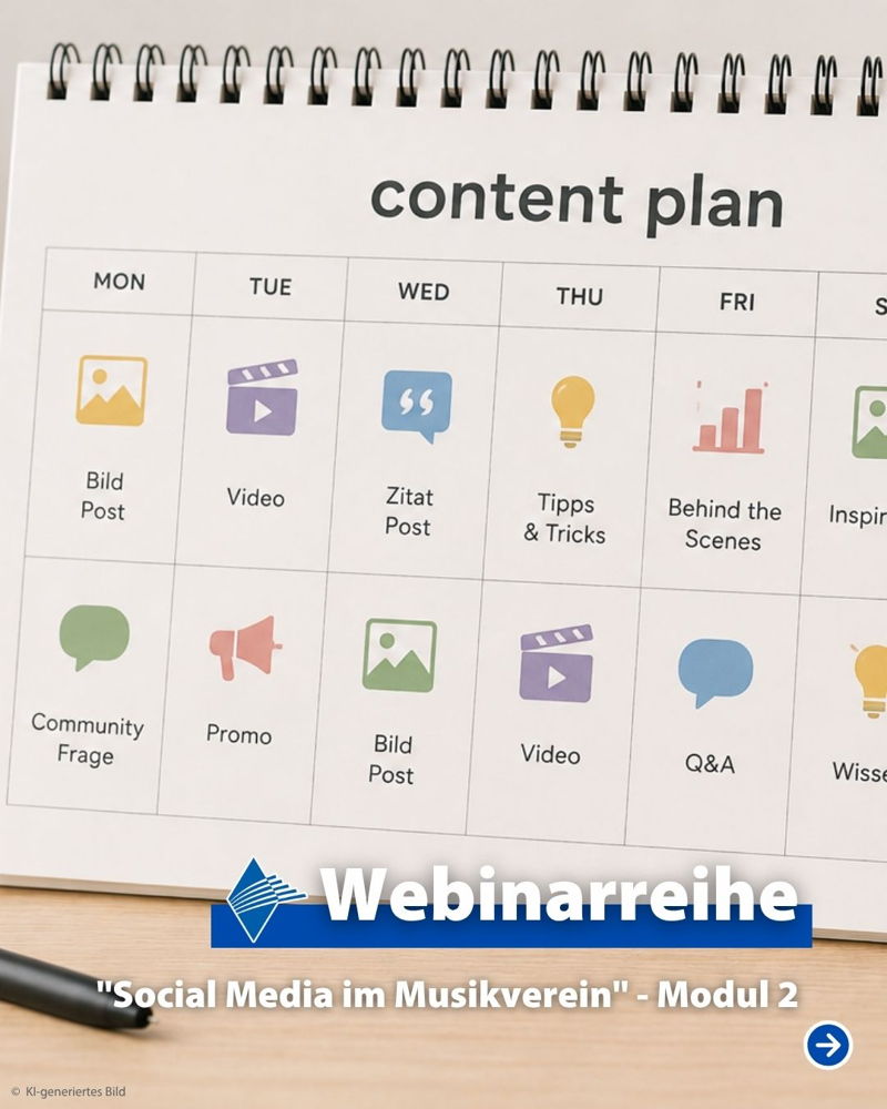 📱 Social Media imMusikverein – Jetzt anmelden! 📱

Guter Content macht den Unterschied! 💪

In Modul 2 der vierteiligen Webinarreihe geht es darum, wie kreative Inhalte für Posts, Storys und Reels entstehen und sich im Vereinsalltag planen lassen.

Im 
