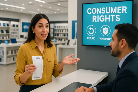 A woman holding a receipt discusses consumer rights, refund, and warranty with a man at a store counter near a screen displaying related information.