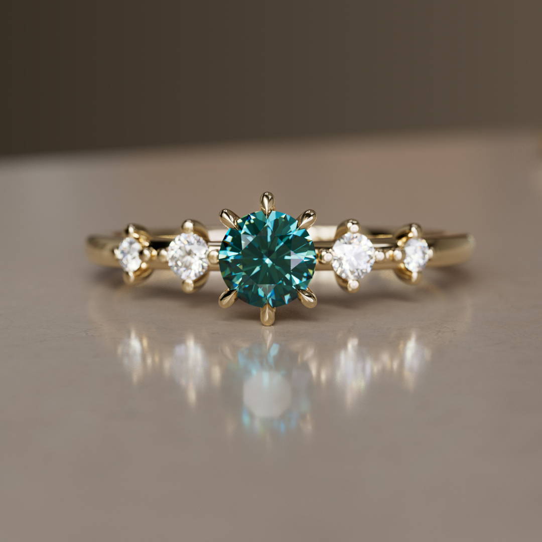 round Cut Teal Sapphire and Diamond dainty Engagement Ring 