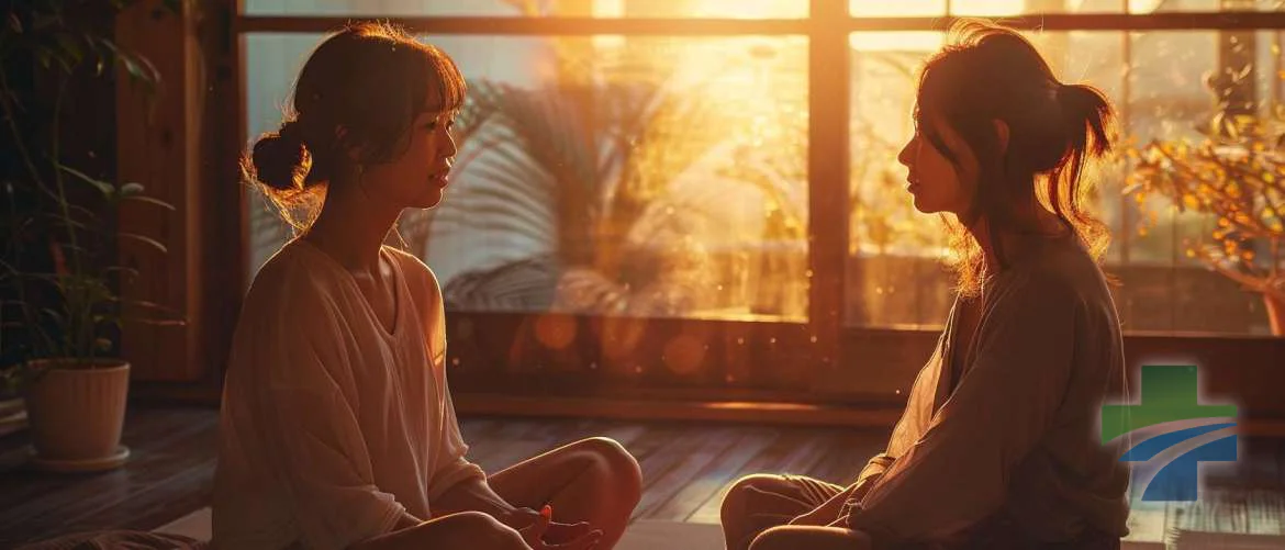 Nurse and patient sharing a quiet moment in holistic yoga session.