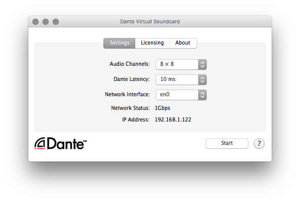 Click START in the Dante Virtual Soundcard. The number of audio channels and the device latency can only be modified when the DVS is stopped. 