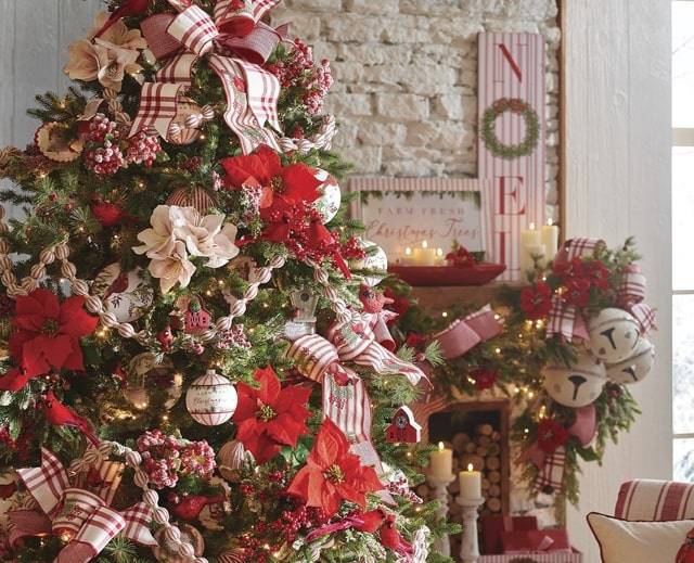 melrose rustic farmhouse Christmas tree with poinsettias and amaryllis