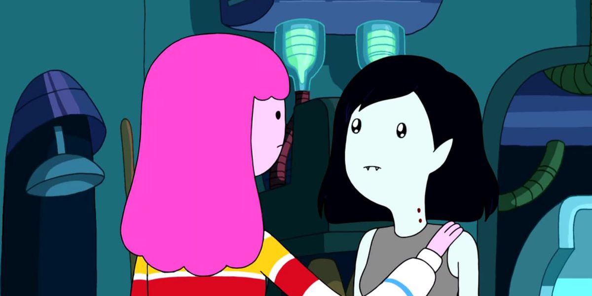 Princess Bubblegum with looking at Marceline with concern as she looks back, with a hand on her shoulder.