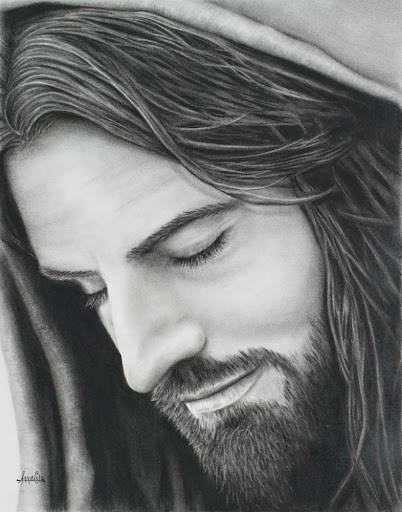 Charcoal drawing of Jesus closeing His eyes in prayer.