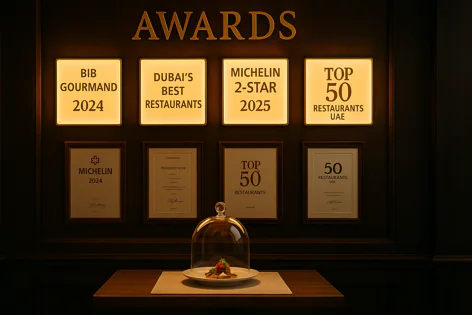 Wall displays illuminated restaurant awards: Bib Gourmand 2024, Michelin 2-Star 2025, Dubai's Best Restaurants, and Top 50 UAE.