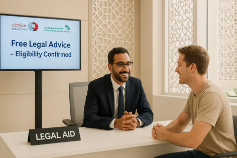 A lawyer provides free legal aid consultation to a client at a desk, with eligibility for free legal advice confirmed on a screen.