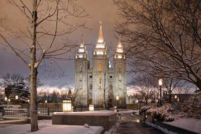 Sale Lake City Temple square covered in snow. 