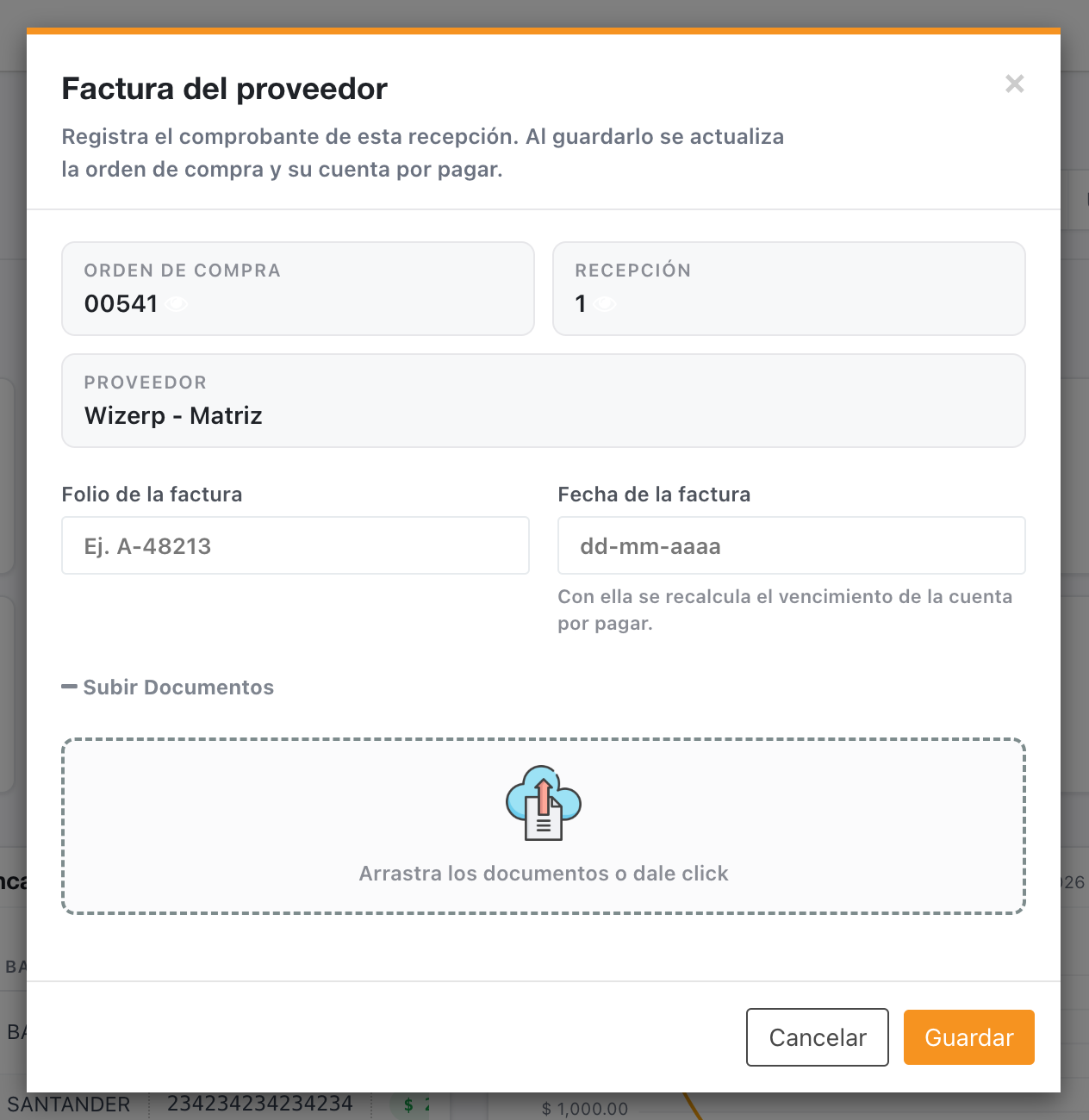 Ventana para registrar la factura del proveedor