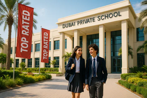Two smiling students in navy blue uniforms walk on a paved path towards the camera, in front of the Dubai Private School building with Top Rated flags flying.