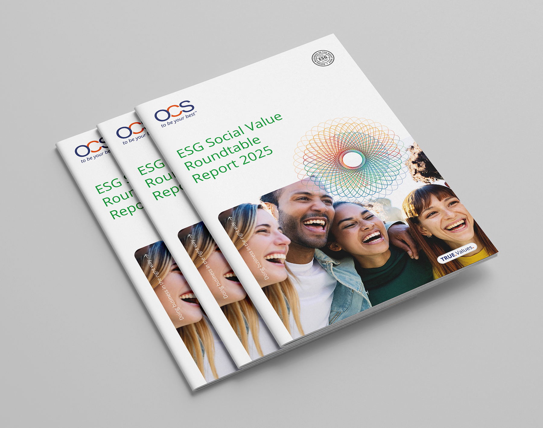 Three copies of a report titled ESG Social Value Roundtable Report 2025 are stacked, featuring a group of four people laughing and a colorful circular design on the cover, along with the OCS logo.
