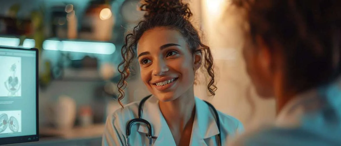 Telehealth session captures a warm moment between professional and patient.