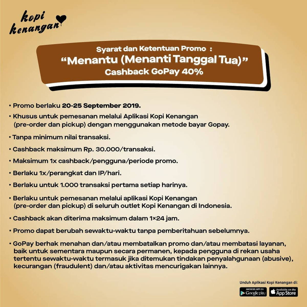 Katalog Promo: Kopi Kenangan: Promo MENANTU – Menanti Tanggal Tua | Cashback 40%* bayar pakai GOPAY + cashback Kenangan Points up to 20% - 2