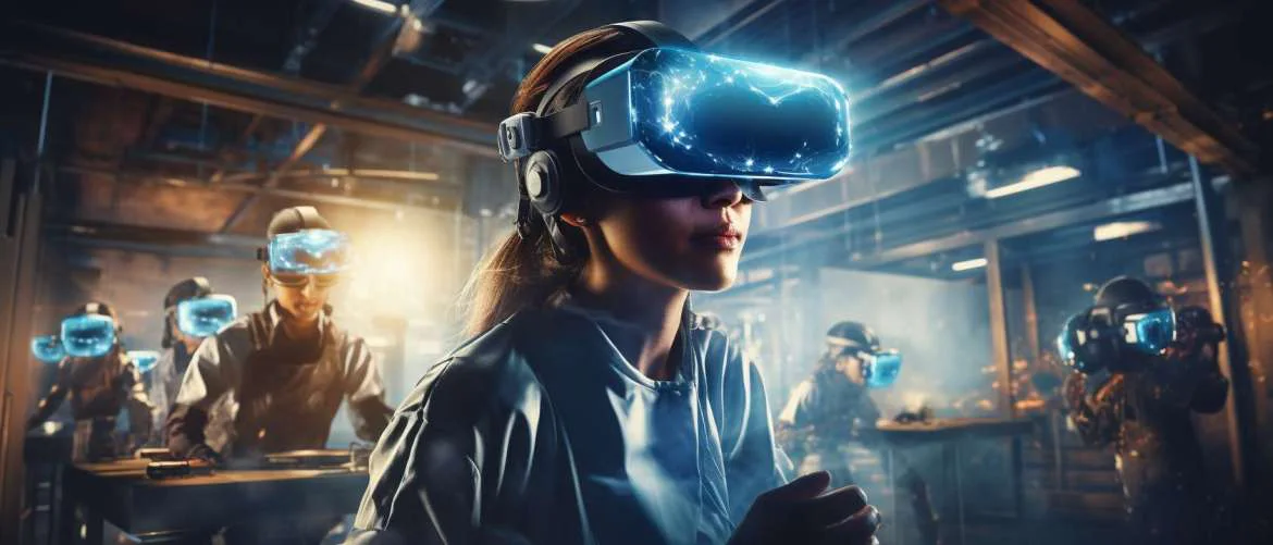 Futuristic nursing classroom with students learning via VR.