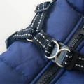 Close-up of leash opening on dog rain jacket with reflective accents