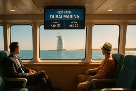 Passengers relax on a ferry, watching the Burj Al Arab and Dubai coastline from large windows. A screen shows "NEXT STOP: DUBAI MARINA" and fares.