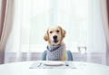 alt="Dog sitting at a dinner table with a dinner place setting and glass of water."