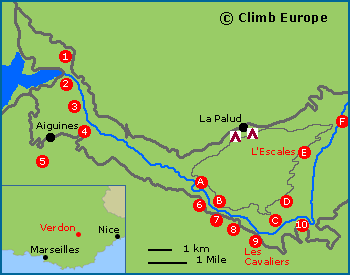 Map of the rock climbing and sport climbing areas in the Verdon Valley