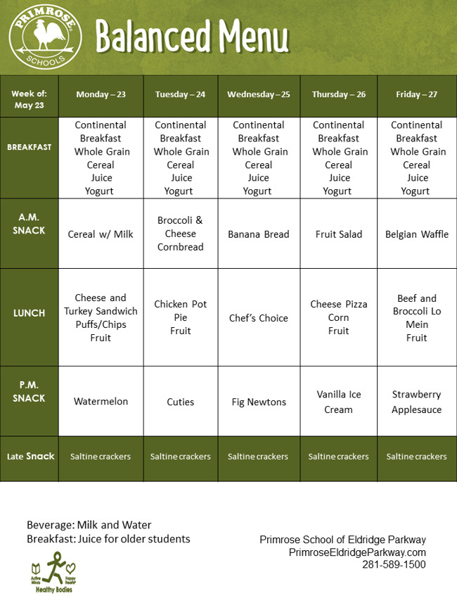Menu descriptions of snacks and meals for the week
