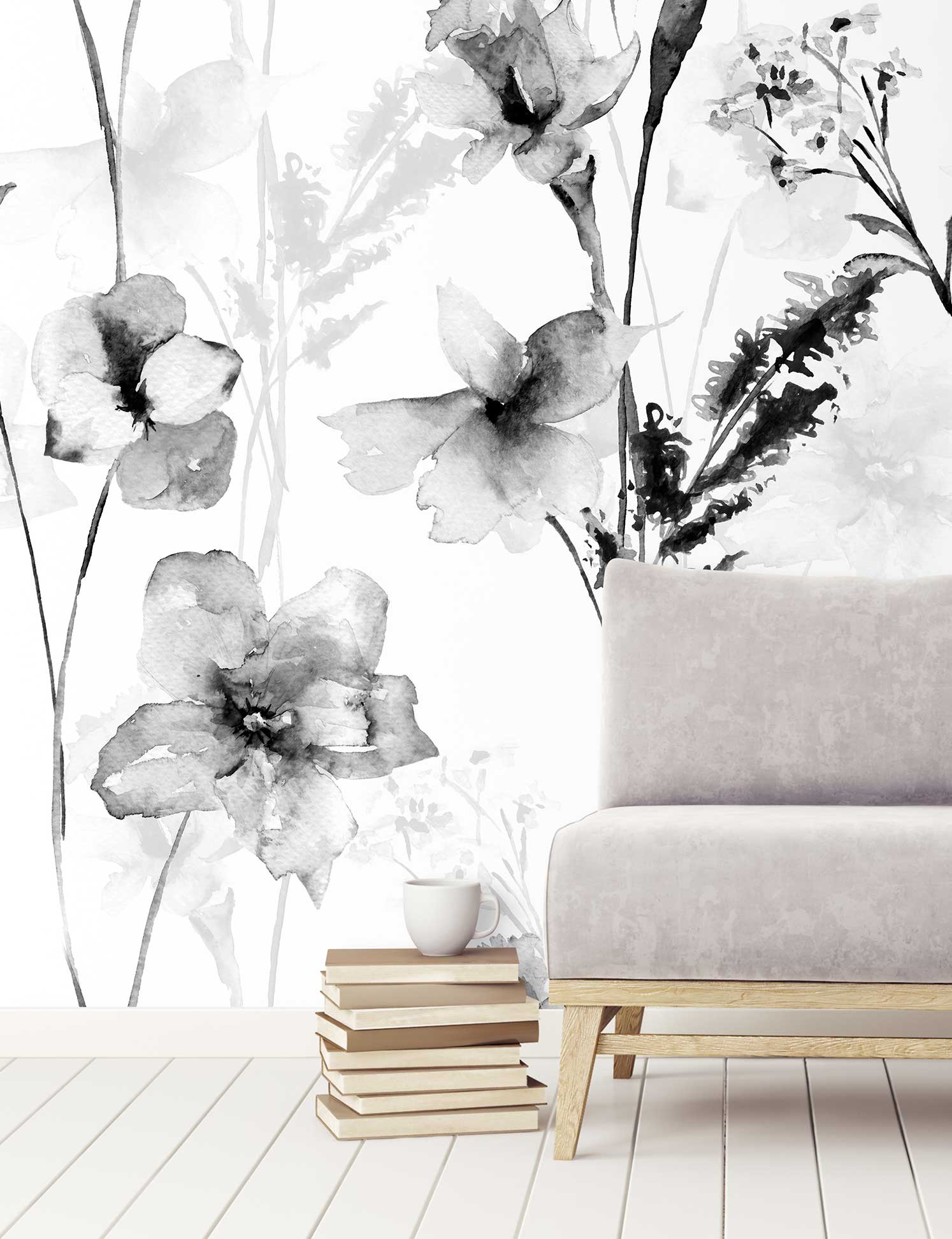 Black & White Romantic Watercolour Flower Wallpaper - Feathr Wallpapers
