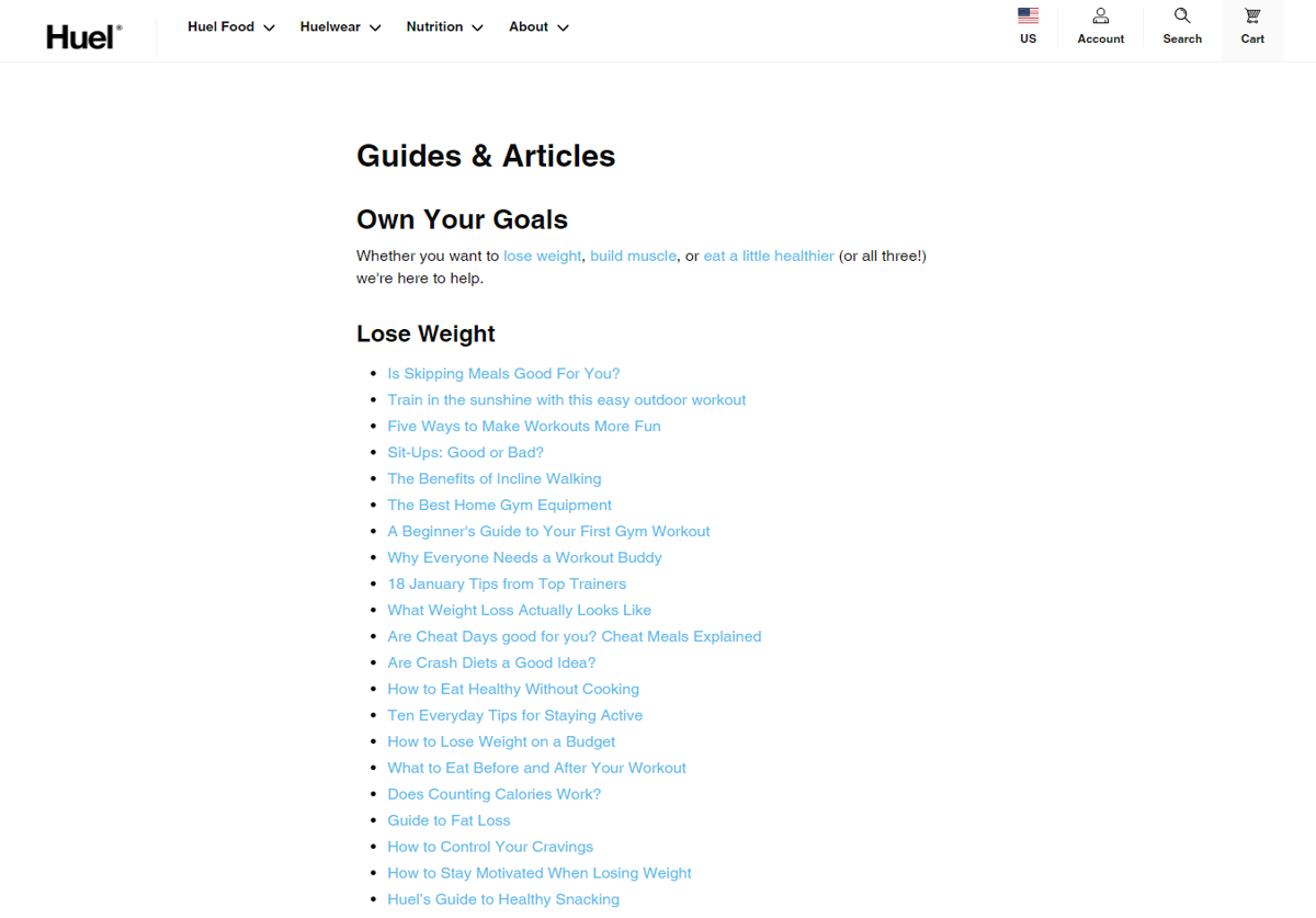 Screenshot of Guides & Articles – Huel, from the shopify blog examples collection.