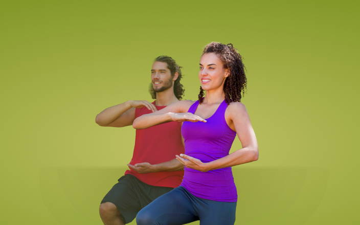 Two people in athleisure doing Tai Chi for Confetti's Virtual Workout Classes for Beginners