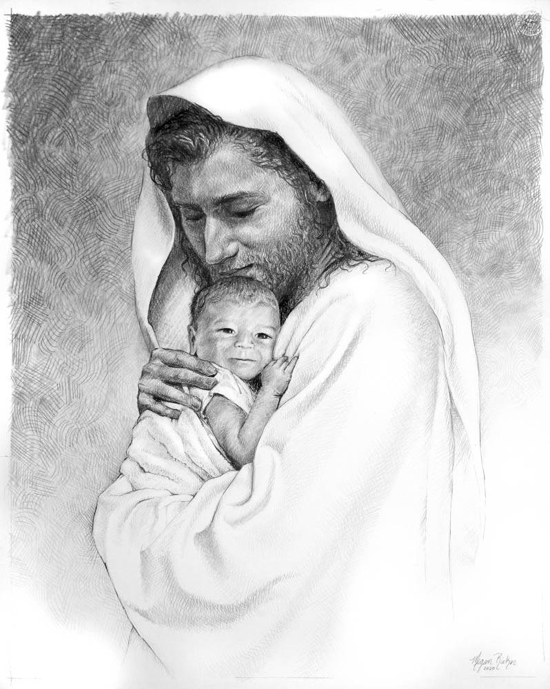 Sketch of Jesus holding an infant. 