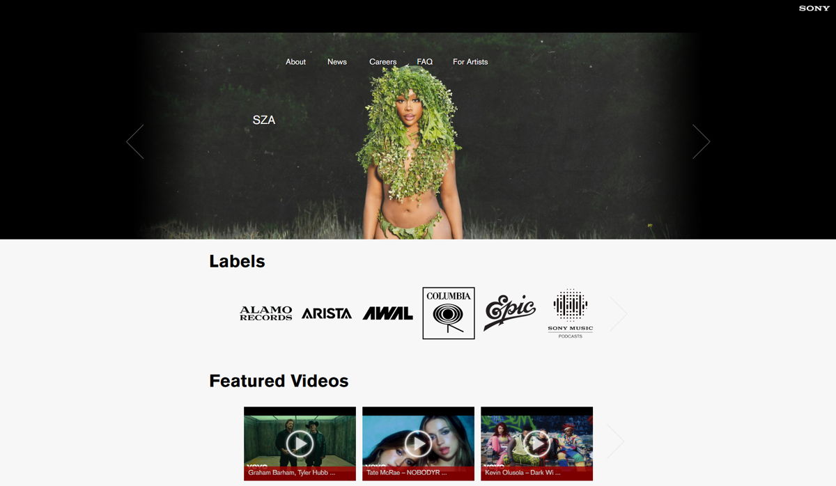 Screenshot of Sony Music, from the wordpress websites collection.